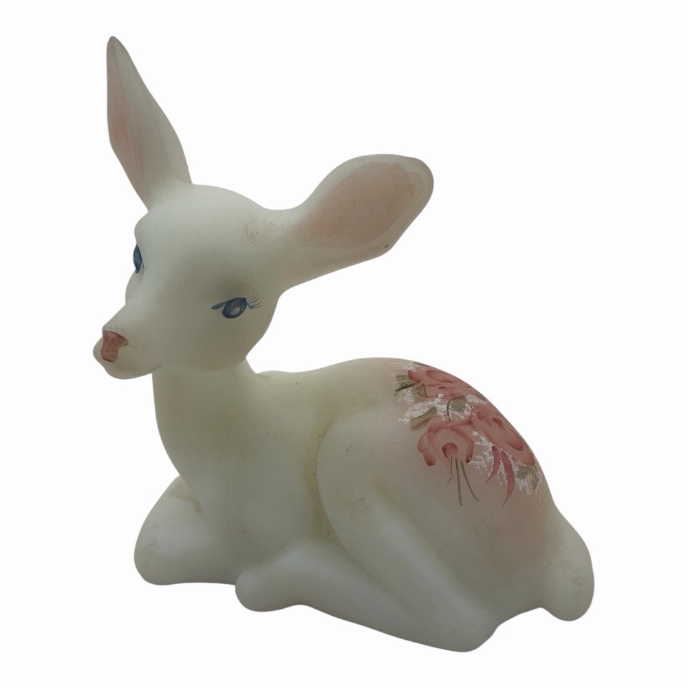 Fenton Art Glass Satin Fawn/ Deer Figurine Hand Painted Signed S Jackson